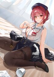 Rule 34 | 1girl, bare shoulders, beret, black pantyhose, blush, breasts, cleavage, closed mouth, hat, heterochromia, highres, hololive, houshou marine, houshou marine (businesswoman), large breasts, looking at viewer, neko no suke (nekoneco118), pantyhose, red eyes, red hair, see-through, seiza, short hair, sitting, smile, solo, virtual youtuber, yellow eyes