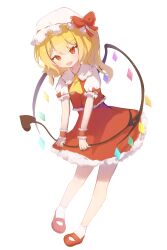 Rule 34 | 1girl, absurdres, ascot, blonde hair, blush, collared shirt, crystal, fang, flandre scarlet, frilled sleeves, frills, full body, hat, highres, laevatein (touhou), long hair, mang, mob cap, one side up, open mouth, puffy short sleeves, puffy sleeves, red eyes, red footwear, red skirt, red vest, revision, shirt, shoes, short sleeves, simple background, skin fang, skirt, smile, socks, solo, touhou, vest, white background, white hat, white shirt, white socks, wings, wrist cuffs, yellow ascot