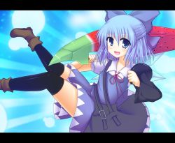 Rule 34 | advent cirno, bad anatomy, bad id, bad pixiv id, black thighhighs, blue dress, blue eyes, blue hair, blush, boots, bow, cirno, dress, fang, food, fruit, fujisaki kaon, hair bow, ice, ice wings, letterboxed, ribbon, short hair, solo, sword, thighhighs, touhou, watermelon, weapon, wings