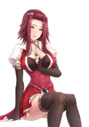 Rule 34 | 1girl, bad id, bad pixiv id, breasts, choker, commentary request, commission, dress, elbow gloves, fingerless gloves, gloves, izayoi aki, jewelry, large breasts, limeblock, long hair, looking at viewer, necklace, orange eyes, parted lips, red dress, red hair, short hair with long locks, sitting, thighhighs, thighs, yu-gi-oh!