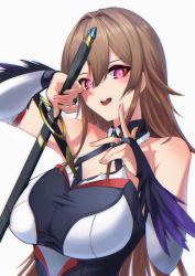 Rule 34 | 1girl, absurdres, bare shoulders, breasts, brown hair, feathers, fur-trimmed collar, fur trim, furen e lustario, hair between eyes, hair intakes, highres, holding, holding sword, holding weapon, large breasts, long hair, looking at viewer, nijisanji, open mouth, red eyes, shooot108, simple background, smile, solo, sword, upper body, very long hair, virtual youtuber, weapon, white background
