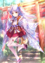 Rule 34 | 1girl, absurdres, angel beats!, commentary request, fox mask, fox tail, full body, goto p, hakama, hakama short skirt, hakama skirt, highres, japanese clothes, long hair, looking at viewer, mask, mask on head, miko, okobo, one side up, platform clogs, red hakama, sandals, silver hair, skirt, solo, stairs, tail, tenshi (angel beats!), thighhighs, torii, tree, white thighhighs, wide sleeves, yellow eyes