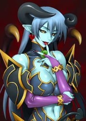 Rule 34 | 1girl, armor, astaroth (shinrabanshou), bang-you, bare shoulders, black sclera, blue skin, breasts, cleavage, colored sclera, colored skin, demon girl, earrings, elbow gloves, gloves, heart, heart earrings, horns, huge breasts, jewelry, licking, long hair, navel, pointy ears, shinrabanshou, solo, demon girl, tail, tongue, wings