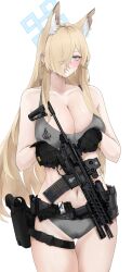 Rule 34 | 1girl, animal ear fluff, animal ears, assault rifle, belt, black belt, black gloves, blonde hair, blue archive, blue eyes, blush, breasts, buckle, cleavage, collarbone, dog ears, eotech, fte (fifteen 199), glock, gloves, grey panties, grey sports bra, gun, hair over one eye, halo, handgun, highres, holding, holding gun, holding weapon, holster, holstered, kanna (blue archive), large breasts, long hair, magazine (weapon), navel, panties, parted lips, rifle, sig mcx, sig sauer, simple background, snap-fit buckle, solo, sports bra, stomach, submachine gun, tactical clothes, tourniquet, underwear, very long hair, weapon, weapon request, white background