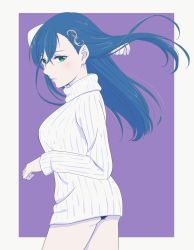Rule 34 | 1girl, blue hair, blush, breasts, closed mouth, earrings, green eyes, hair ornament, highres, jewelry, long hair, looking at viewer, maria traydor, simple background, solo, star ocean, star ocean till the end of time, sweater