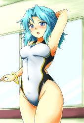 Rule 34 | 1girl, arm behind back, black one-piece swimsuit, blue eyes, blue hair, blush, breasts, competition swimsuit, d-m (dii emu), highres, hoop, indoors, kumoi ichirin, looking at viewer, medium breasts, one-piece swimsuit, open mouth, short hair, smile, solo, swimsuit, touhou, two-tone swimsuit, white one-piece swimsuit