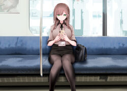 Rule 34 | 1girl, @ @, bag, black ribbon, blush, breasts, brown hair, brown pantyhose, cellphone, closed mouth, collared shirt, commentary request, crotch seam, feet out of frame, fine fabric emphasis, green eyes, highres, holding, holding phone, knees together feet apart, lanyard, large breasts, legs, long hair, looking at phone, miniskirt, neck ribbon, office lady, ol-chan (oouso), oouso, original, panties, panties under pantyhose, pantyhose, pantyshot, pencil skirt, phone, pink nails, ribbon, shadow, shirt, sitting, skirt, smartphone, solo, train interior, translation request, underwear