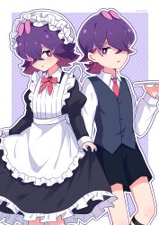 Rule 34 | 1girl, apron, black dress, black pants, blush, butler, creatures (company), dot (pokemon), dress, dual persona, female butler, formal, frilled apron, frills, game freak, hair over eyes, highres, holding, holding tray, maid, maid apron, maid headdress, multicolored hair, necktie, nintendo, open mouth, pants, pink hair, pokemon, pokemon (anime), pokemon horizons, purple eyes, purple hair, shirt, short hair, suit, tailcoat, toumei 4869, tray, waist apron, white apron