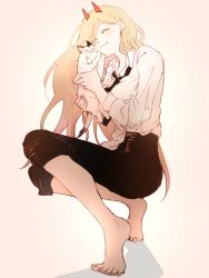 Rule 34 | 1girl, animal, barefoot, black necktie, black pants, blonde hair, blush, breasts, cat, chainsaw man, cheek-to-cheek, closed eyes, closed mouth, collared shirt, commentary, demon horns, dress shirt, full body, gradient background, heads together, highres, holding, holding animal, holding cat, horns, long hair, medium breasts, meowy (chainsaw man), necktie, pants, pink background, power (chainsaw man), shadow, shirt, shirt tucked in, simple background, smile, solo, squatting, white shirt, wing collar, yukichi (imoko41)
