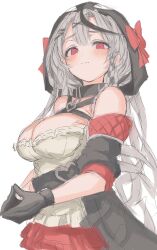 Rule 34 | 1girl, black gloves, black hair, blush, bow, breasts, cleavage, closed mouth, commentary request, cowboy shot, frills, from below, from side, gloves, grey hair, hair between eyes, hair ornament, hairclip, highres, hololive, kokutamotsu, large breasts, long hair, looking at viewer, multicolored hair, pleated skirt, red bow, red eyes, ribbon, sakamata chloe, simple background, skirt, solo, steepled fingers, streaked hair, upper body, virtual youtuber, white background, x hair ornament