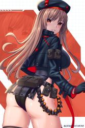 Rule 34 | 1girl, ammunition belt, arm pouch, ass, belt pouch, beret, black gloves, black hat, black jacket, black leotard, black thighhighs, breasts, brown hair, commentary, cowboy shot, cropped jacket, from behind, gloves, goddess of victory: nikke, hat, highres, jacket, large breasts, leotard, long hair, long sleeves, looking at viewer, parted lips, pouch, rapi (nikke), red eyes, seraphim throne, sidelocks, skindentation, solo, standing, sweat, thighhighs, twitter username, white background, zoom layer