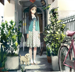 Rule 34 | 1girl, arms at sides, bicycle, black eyes, black hair, blouse, building, cardigan, chair, dog, door, dress, expressionless, fence, flats, floral print, flower pot, footwear ribbon, hairband, ironwork, lantern, long hair, long sleeves, looking away, ooi choon liang, original, outdoors, parted bangs, plant, potted plant, print dress, shirt, socks, solo, standing, sunlight, table, white socks