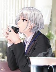 Rule 34 | 1girl, absurdres, artist logo, black jacket, buttoned cuffs, buttons, cup, formal, grey eyes, hair over one eye, highres, holding, holding cup, huge filesize, infinote, jacket, lanyard, lips, long sleeves, mug, office lady, original, sashou mihiro, shirt, short hair, signature, silver hair, sitting, solo, steam, suit, white shirt