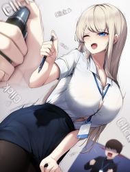 Rule 34 | 1boy, 1girl, between breasts, blonde hair, blood, blue eyes, blurry, blurry background, breasts, button gap, clenched hand, clothes pull, collarbone, ddangbi, faceless, faceless male, hair over shoulder, hands up, heart, highres, holding, holding pen, huge breasts, id card, large breasts, office lady, one eye closed, open mouth, original, pantyhose, parted bangs, pen, saliva, shaking, shirt, short sleeves, sidelocks, skirt, skirt pull, sweat, taut clothes, taut shirt, teeth, trembling, upper teeth only, white shirt