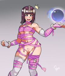 Rule 34 | 1girl, bandages, capcom, cleft of venus, crystalcheese (artist), highres, menat, no panties, pallasite, pussy, solo, street fighter, tagme, wide hips