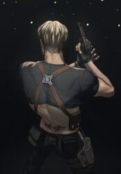 Rule 34 | 1boy, back, bara, belt, black gloves, black pants, black shirt, brown belt, brown hair, gloves, gun, highres, holding, holding gun, holding weapon, holster, leon s. kennedy, male focus, muscular, muscular male, pants, parduspardusss, resident evil, resident evil 4, resident evil 4 (remake), shirt, short hair, shoulder holster, solo, tattoo, weapon