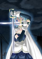 Rule 34 | 1girl, alexander anderson, bad id, bad pixiv id, blank eyes, blue eyes, blue hair, cape, collarbone, cowboy shot, crossed swords, empty eyes, gloves, hellsing, holding, holding sword, holding weapon, looking at viewer, magical girl, mahou shoujo madoka magica, mahou shoujo madoka magica (anime), matching hair/eyes, miki sayaka, parody, sicile gloria, solo, standing, sword, weapon, white gloves, wrist cuffs