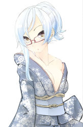 Rule 34 | 1girl, :o, bad id, bad pixiv id, bare shoulders, blue hair, breasts, cleavage, collarbone, face, glasses, highres, japanese clothes, kimono, looking at viewer, nekobaka, obi, original, ponytail, red-framed eyewear, sash, small breasts, solo, white background, yellow eyes