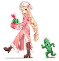 Rule 34 | bad id, bad pixiv id, blonde hair, blue eyes, boots, braid, cactus, final fantasy, final fantasy tactics, hat, knee boots, legs, long hair, mizuzono, orator (fft), plant, potted plant, sabotender, side slit, thighs, very long hair