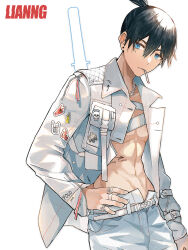 Rule 34 | 1boy, abs, artist name, belt, black hair, chainsaw man, cigarette, earrings, fox shadow puppet, hair between eyes, hand on own hip, hayakawa aki, highres, jacket, jewelry, lianng, looking at viewer, multiple rings, open clothes, pants, patch, ring, short hair, shoulder patch, simple background, skull, solo, stud earrings, topknot, white background, white belt, white jacket, white pants