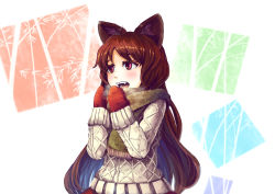 Rule 34 | 1girl, animal ears, azumi (madogiwa bocchi seki), brown hair, imaizumi kagerou, long hair, mittens, open mouth, red eyes, solo, sweater, touhou, winter clothes, wolf ears