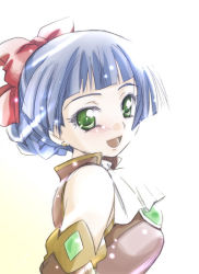 Rule 34 | 00s, 1girl, :d, bare shoulders, blue hair, blunt bangs, bow, brooch, detached sleeves, earrings, green eyes, hair bow, jewelry, looking at viewer, mamiina (simoun), open mouth, red bow, short hair, simoun, smile, solo, uniform, upper body