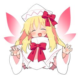Rule 34 | 1girl, blonde hair, blush, capelet, closed eyes, dress, facing viewer, fairy, fairy wings, hat, highres, ini (inunabe00), lily white, long hair, long sleeves, open mouth, simple background, smile, solo, touhou, white background, white capelet, white dress, white hat, wide sleeves, wings