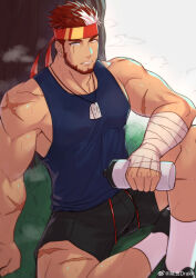Rule 34 | 1boy, absurdres, bandaged arm, bandages, bara, beard, black shorts, blue tank top, bottle, bulge, commission, cross scar, dog tags, facial hair, feet out of frame, headband, highres, holding, holding bottle, indie virtual youtuber, knee up, large pectorals, looking at viewer, male focus, manspreading, mature male, multicolored hair, muscular, muscular male, parted lips, pectorals, red hair, red headband, ryuugen drake, scar, scar across eye, second-party source, short hair, short shorts, shorts, sidepec, sitting, socks, solo, streaked hair, sweat, tank top, toumato, tree shade, very sweaty, virtual youtuber, white hair, white socks