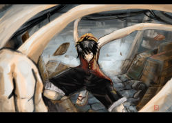 Rule 34 | 1boy, black hair, clenched hand, fighting stance, hat, letterboxed, male focus, monkey d. luffy, one piece, rubber, sandals, scar, solo, straw hat