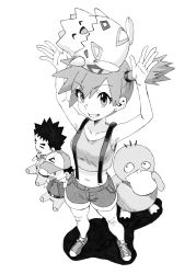 Rule 34 | 1girl, 2boys, ash ketchum, asymmetrical hair, brock (pokemon), character doll, cowboy shot, creatures (company), denim, denim shorts, doll, game freak, gen 1 pokemon, gen 2 pokemon, gym leader, hat, highres, jacket, legs, misty (pokemon), monochrome, multiple boys, nintendo, orange hair, outdoors, pokemon, pokemon (anime), pokemon (classic anime), ponytail, psyduck, red hair, shiny skin, shirt, shoes, short hair, short shorts, shorts, side ponytail, suspenders, togepi, yellow shirt