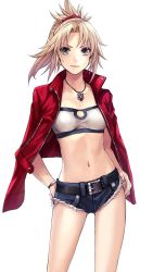 Rule 34 | 1girl, applekun, belt, black belt, blonde hair, braid, breasts, denim, denim shorts, fate/grand order, fate (series), french braid, half updo, hands on own hips, highres, jacket, jacket on shoulders, jewelry, looking at viewer, mordred (fate), mordred (memories at trifas) (fate), necklace, parted bangs, ponytail, short shorts, shorts, small breasts, smile, solo, strapless, tube top, v-shaped eyebrows, white background