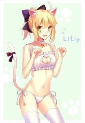 Rule 34 | 1girl, ahoge, animal ears, animal print, artoria pendragon (all), artoria pendragon (fate), bad id, bad twitter id, bell, blonde hair, cat ear panties, cat ears, cat lingerie, cat panties, cat print, cat tail, cleavage cutout, clothing cutout, collar, fate/grand order, fate/stay night, fate/unlimited codes, fate (series), fuyuki (neigedhiver), jingle bell, meme attire, navel, neck bell, panties, print panties, saber (fate), saber lily, side-tie panties, solo, tail, thighhighs, underwear, white thighhighs
