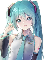 Rule 34 | 1girl, aqua eyes, aqua hair, aqua nails, aqua necktie, bare shoulders, black sleeves, bloom, breasts, collarbone, commentary, detached sleeves, grey shirt, hair ornament, twirling hair, hand up, hatsune miku, highres, long hair, looking at viewer, nail polish, necktie, open mouth, shirt, shoulder tattoo, sleeveless, sleeveless shirt, small breasts, smile, solo, tattoo, tsukiringo, twintails, upper body, very long hair, vocaloid, white background