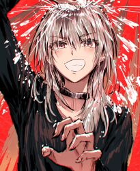 Rule 34 | 1girl, :d, arm up, black choker, black sweater, blush, bullfalk, choker, claw pose, collarbone, commentary, english commentary, girls band cry, grey eyes, grey hair, grin, hand on own head, highres, kawaragi momoka, long hair, long sleeves, looking at viewer, open mouth, red background, smile, sweater, upper body, v-shaped eyebrows