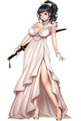 Rule 34 | 1girl, bare legs, bare shoulders, black hair, blush, bow, bowtie, breasts, brown eyes, cleavage, dress, full body, gang of heaven, gloves, high heels, high ponytail, holding, holding weapon, jewelry, katana, large breasts, long hair, looking at viewer, masami chie, mole, mole under eye, necklace, official art, pearl necklace, ponytail, shoes, side slit, smile, solo, standing, strapless, strapless dress, sword, toeless footwear, transparent background, weapon, white dress, white gloves