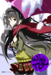 Rule 34 | 1girl, :o, akemi homura, black hair, black hairband, black pantyhose, blurry, blurry background, breath, cowboy shot, depth of field, expressionless, floating hair, from behind, fumiko (mesushi), green sweater, grey jacket, hairband, holding, holding umbrella, jacket, long hair, looking back, mahou shoujo madoka magica, mahou shoujo madoka magica (anime), outdoors, pantyhose, parted lips, plaid, plaid skirt, purple eyes, red neckwear, red scarf, red skirt, red umbrella, scarf, shaded face, skirt, snow, snowing, solo, sweater, umbrella, winter