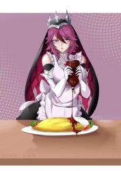 Rule 34 | 1girl, apron, bare shoulders, black dress, breasts, dress, elbow gloves, food, genshin impact, gloves, habit, hair between eyes, hair over one eye, highres, ketchup, ketchup bottle, large breasts, looking at viewer, maid, maid apron, maid day, maid headdress, multicolored hair, nun, omelet, omurice, pale skin, plate, purple hair, red eyes, red hair, rosaria (genshin impact), short hair, sidelocks, solo, squeezing, streaked hair, table, tiara, vialnite, white gloves, white sleeves