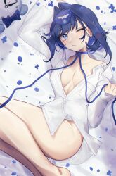 Rule 34 | 1girl, anntan, arm up, ass, bare legs, barefoot, bed, blue bow, blue eyes, blue hair, blue ribbon, blush, bow, bow earrings, breasts, choker, cleavage, collarbone, collared shirt, dress shirt, earrings, fang, feet, full body, hair intakes, highres, hololive, hololive english, jewelry, kronie (ouro kronii), large breasts, long sleeves, looking at viewer, lying, naked shirt, official alternate costume, on back, on bed, one eye closed, ouro kronii, partially unbuttoned, ribbon, ribbon choker, shirt, short hair, sidelocks, skin fang, sleep mask, virtual youtuber, white shirt
