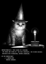Rule 34 | animal focus, arrow (symbol), black background, candle, cat, commentary, dialogue options, english commentary, english text, fire, fire, greyscale, hat, highres, meme, monochrome, no humans, original, party hat, plate, sad, simple background, white background, y naf