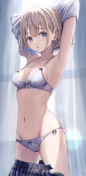 Rule 34 | 1girl, :o, absurdres, armpits, arms up, black ribbon, blurry, blush, bokeh, bra, breasts, brown hair, cleavage, clothes pull, collarbone, commentary request, depth of field, earrings, grey hair, groin, highres, idolmaster, idolmaster shiny colors, indoors, jewelry, lace, lace-trimmed bra, lace-trimmed panties, lace trim, looking at viewer, masuku (saint mask), navel, open mouth, panties, plaid, plaid skirt, ribbon, serizawa asahi, short hair, skirt, skirt pull, small breasts, solo, underwear, undressing