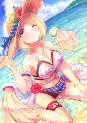 Rule 34 | 1girl, ;), absurdres, aki rosenthal, aki rosenthal (hololive summer 2019), beach, bikini, blonde hair, blue sky, bob cut, bracelet, breasts, cleavage, cloud, day, detached hair, dutch angle, flower, hat, hibiscus, highres, hololive, horizon, huge filesize, jewelry, long hair, low twintails, necklace, ocean, one eye closed, outdoors, parted bangs, purple eyes, short hair, sitting, sky, smile, straw hat, swimsuit, twintails, virtual youtuber, wariza, yu hydra