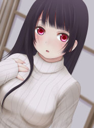 Rule 34 | 1girl, black hair, blunt bangs, blush, commentary request, enma ai, hand on own chest, hime cut, jigoku shoujo, kozue akari, long hair, looking at viewer, open mouth, red eyes, ribbed sweater, solo, sweater, upper body, white sweater