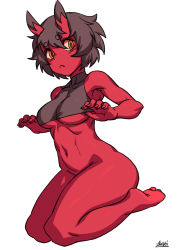 Rule 34 | 1girl, barefoot, black hair, bottomless, breasts, closed mouth, colored skin, fingernails, horns, kidouko (zakusi), looking at viewer, navel, oni, oni horns, original, red oni, red skin, seiza, short hair, signature, simple background, sitting, solo, symbol-only commentary, underboob, white background, wide-eyed, yellow eyes, zakusi