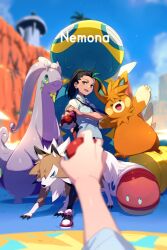 Rule 34 | 1girl, 1other, :d, black hair, black pantyhose, blurry, cloud, commentary request, creatures (company), day, depth of field, dudunsparce, echo (circa), game freak, gen 6 pokemon, gen 7 pokemon, goodra, green hair, holding, holding poke ball, long hair, looking at viewer, lycanroc, multicolored hair, necktie, nemona (pokemon), nintendo, open mouth, orthworm, outdoors, pantyhose, pawmot, poke ball, poke ball (basic), pokemon, pokemon (creature), pokemon sv, ponytail, pov, purple necktie, shirt, shoes, short sleeves, sky, smile, sneakers, standing, two-tone hair