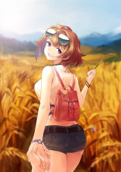 Rule 34 | 1girl, :d, absurdres, ass, belt, black shorts, blue sky, bracelet, breasts, brown hair, creamyghost, crop top, day, denim, denim shorts, earrings, eyewear on head, from behind, girls&#039; frontline, grizzly mkv (girls&#039; frontline), highres, holding, holding hands, jewelry, looking at viewer, looking back, medium breasts, necklace, open mouth, outdoors, purple eyes, shirt, short hair, shorts, sky, sleeveless, sleeveless shirt, smile, standing, sunglasses, thighs, watch, white shirt, wristwatch