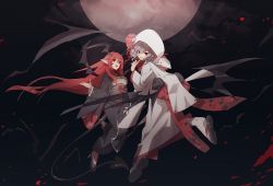Rule 34 | &gt;:), 2girls, :d, absurdly long hair, alternate costume, bad id, bad pixiv id, bat wings, breasts, commentary, floating hair, flying, full body, full moon, grey hair, head wings, japanese clothes, kimono, koakuma, long hair, long sleeves, looking at viewer, looking to the side, medium breasts, moon, multiple girls, no-kan, obi, open mouth, parted lips, pointy ears, red eyes, red hair, remilia scarlet, sandals, sash, smile, touhou, uchikake, v-shaped eyebrows, very long hair, white legwear, wide sleeves, wings