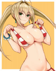 Rule 34 | 1girl, ahoge, bare shoulders, bead bracelet, beads, bikini, bikini pull, blonde hair, blush, border, bracelet, breasts, cleavage, closed mouth, clothes pull, cocq taichou, collarbone, earrings, fate/grand order, fate (series), green eyes, hair between eyes, hair intakes, halterneck, jewelry, large breasts, long hair, looking at viewer, navel, nero claudius (fate), nero claudius (fate) (all), nero claudius (swimsuit caster) (fate), red bikini, smile, solo, striped bikini, striped clothes, swimsuit, twintails, white border, yellow background