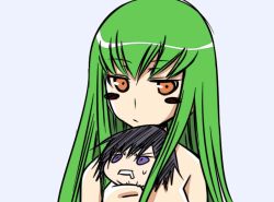 Rule 34 | 00s, 1boy, 1girl, black hair, c.c., chibi, code geass, expressionless, green hair, holding, jitome, lelouch vi britannia, mini person, miniboy, orange eyes, simple background, size difference, strangling, sweat, upper body, white background