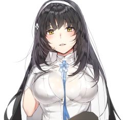 Rule 34 | 1girl, bad id, bad twitter id, between breasts, black hair, black legwear, breasts, dore (gilles dore), girls&#039; frontline, gloves, hairband, hand on own chest, looking at viewer, parted lips, simple background, solo, type 95 (girls&#039; frontline), upper body, white background, white gloves, yellow eyes
