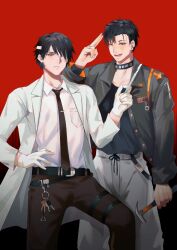 Rule 34 | 2boys, arm at side, bandage over one eye, belt, black choker, black hair, black jacket, black necktie, brown pants, character request, chen ge, choker, coat, doufujintianxianle, earclip, gloves, hammer, holding, holding hammer, jacket, jewelry, key, keyring, lab coat, long sleeves, male focus, multiple boys, my house of horrors, necktie, one eye closed, open clothes, open coat, pants, pocket, red background, red eyes, ring, salute, scalpel, shirt, standing, thigh strap, two-finger salute, white gloves, white shirt